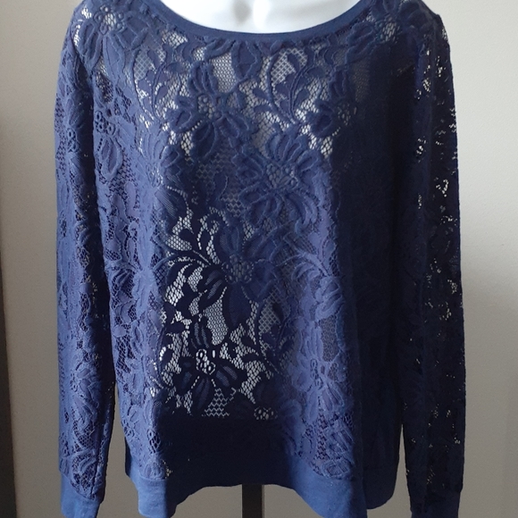 Forever 21 Long Sleeves Lace Blue Top Sz M - Picture 1 of 7